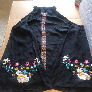 Peek-a-Boo Long Sleeve Embroidered Black Sheer Womens Top XL NWOT